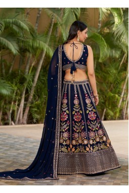 Navy Blue Georgette Multi Color Thread Work Wedding Lehenga Choli
