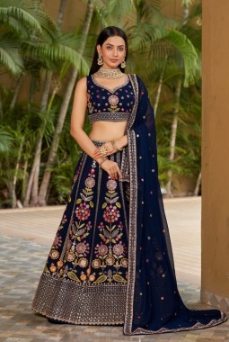 Navy Blue Georgette Multi Color Thread Work Wedding Lehenga Choli