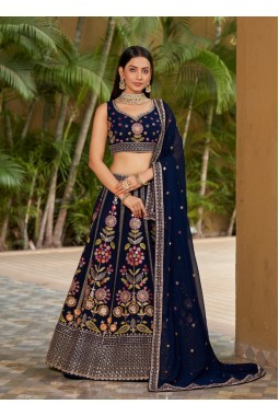 Navy Blue Georgette Multi Color Thread Work Wedding Lehenga Choli