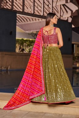 Olive Georgette Digital Print Wedding Lehenga Choli