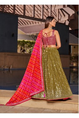 Olive Georgette Digital Print Wedding Lehenga Choli