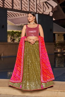 Olive Georgette Digital Print Wedding Lehenga Choli