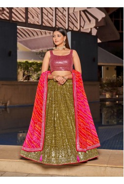 Olive Georgette Digital Print Wedding Lehenga Choli