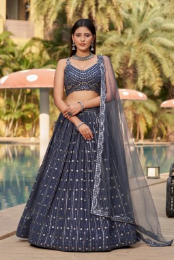 Grey Georgette Mirror Work Wedding Lehenga Choli