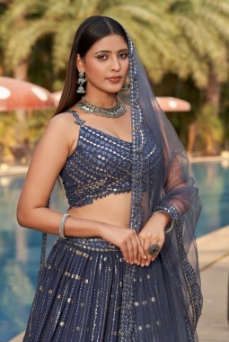Grey Georgette Mirror Work Wedding Lehenga Choli