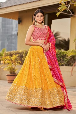Yellow Georgette Digital Print Wedding Lehenga Choli
