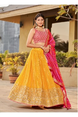 Yellow Georgette Digital Print Wedding Lehenga Choli