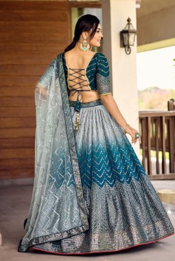 Blue Chinon Thread Embroidery Party Wear Lehenga Choli