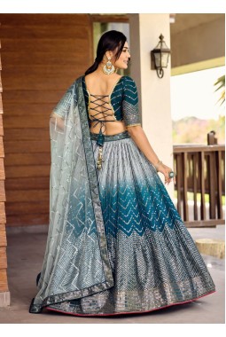 Blue Chinon Thread Embroidery Party Wear Lehenga Choli