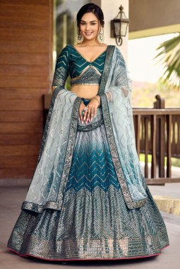 Blue Chinon Thread Embroidery Party Wear Lehenga Choli