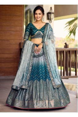Blue Chinon Thread Embroidery Party Wear Lehenga Choli