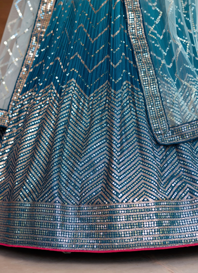 Blue Chinon Thread Embroidery Party Wear Lehenga Choli