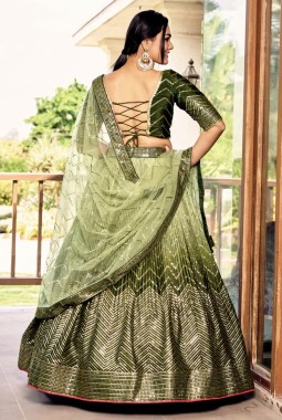 Green Chinon Embroidery Party Wear Lehenga Choli