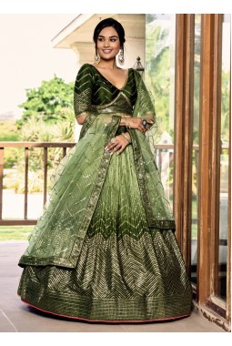 Green Chinon Embroidery Party Wear Lehenga Choli