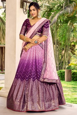 Purple Chinon Thread Embroidery Party Wear Lehenga Choli