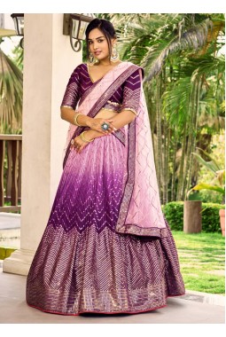 Purple Chinon Thread Embroidery Party Wear Lehenga Choli