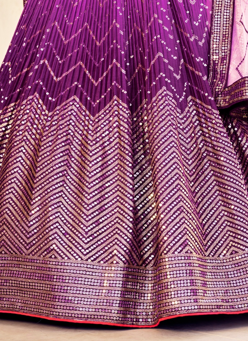 Purple Chinon Thread Embroidery Party Wear Lehenga Choli