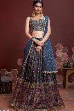 Blue Chinnon Silk Mirror Work Wedding Lehenga Choli