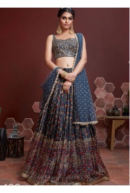 Blue Chinnon Silk Mirror Work Wedding Lehenga Choli