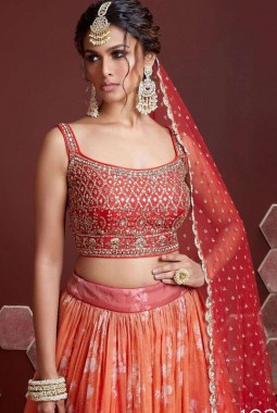 Orange Organza Silk Embroidery Wedding Lehenga Choli