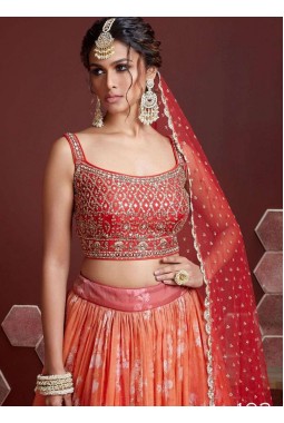 Orange Organza Silk Embroidery Wedding Lehenga Choli
