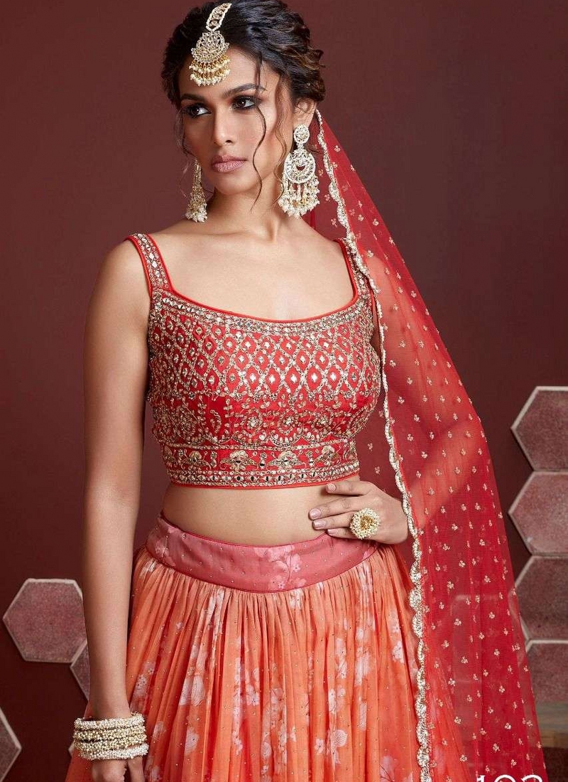 Orange Organza Silk Embroidery Wedding Lehenga Choli