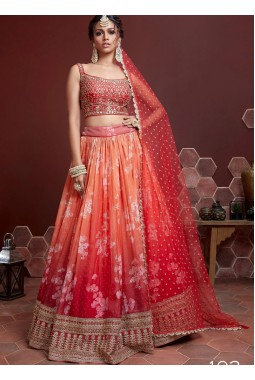 Orange Organza Silk Embroidery Wedding Lehenga Choli