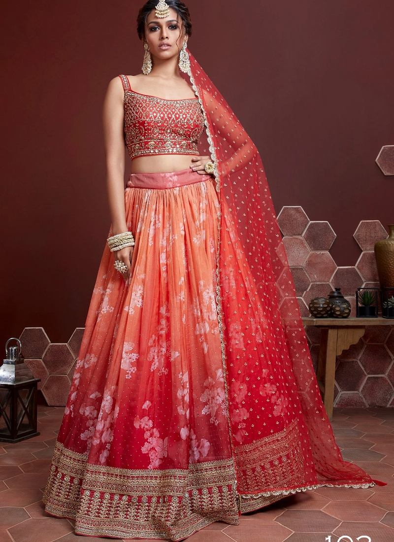 Orange Organza Silk Embroidery Wedding Lehenga Choli