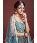 Sky Blue Chinnon Silk Real Mirror Work Wedding Lehenga Choli