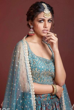 Sky Blue Chinnon Silk Real Mirror Work Wedding Lehenga Choli