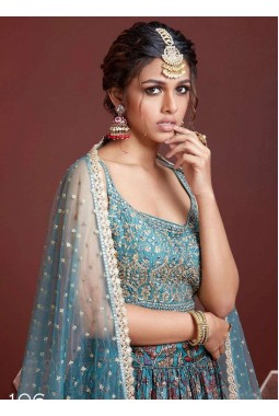 Sky Blue Chinnon Silk Real Mirror Work Wedding Lehenga Choli