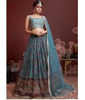 Sky Blue Chinnon Silk Real Mirror Work Wedding Lehenga Choli