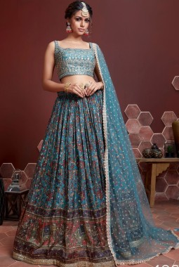 Sky Blue Chinnon Silk Real Mirror Work Wedding Lehenga Choli