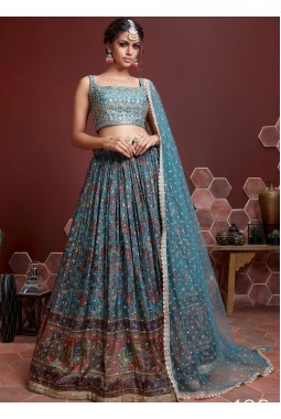 Sky Blue Chinnon Silk Real Mirror Work Wedding Lehenga Choli