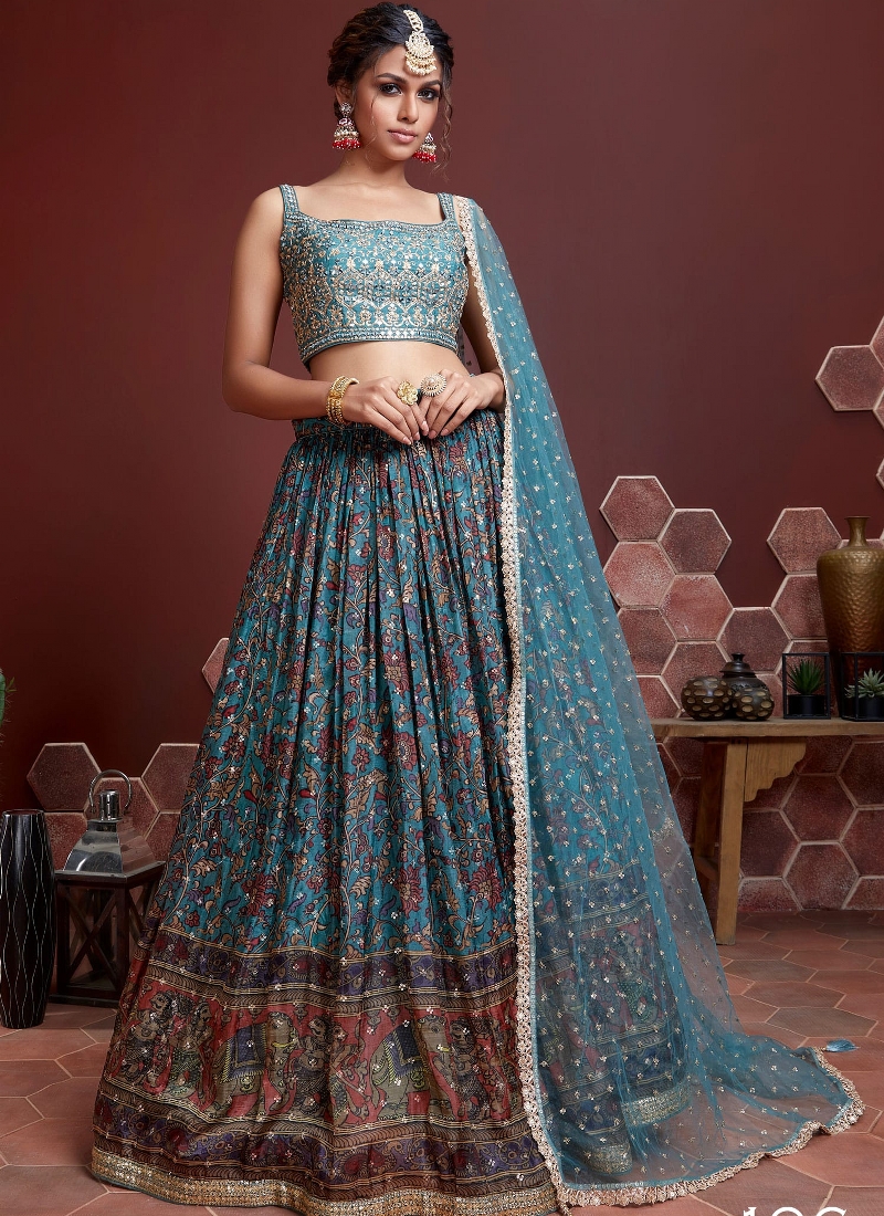 Sky Blue Chinnon Silk Real Mirror Work Wedding Lehenga Choli