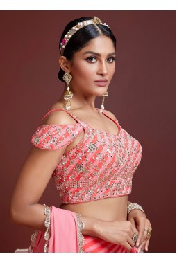 Peach Organza Silk Zari Sequins Wedding Lehenga Choli