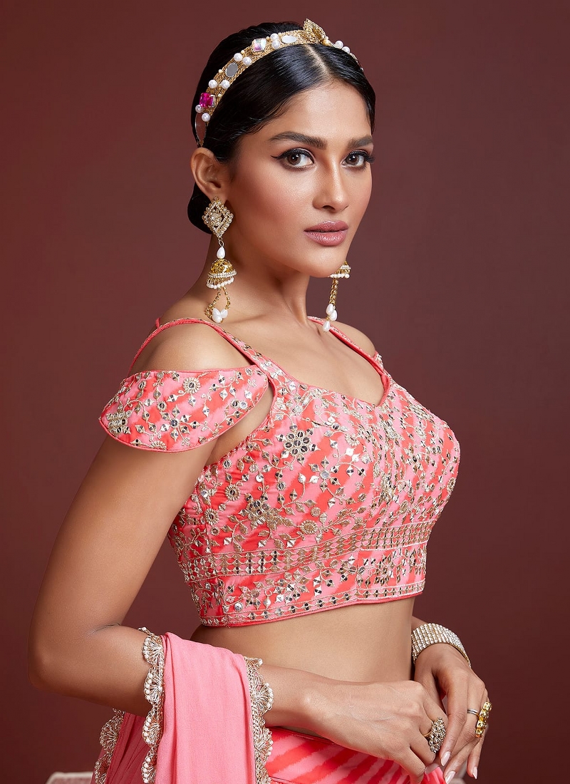 Peach Organza Silk Zari Sequins Wedding Lehenga Choli