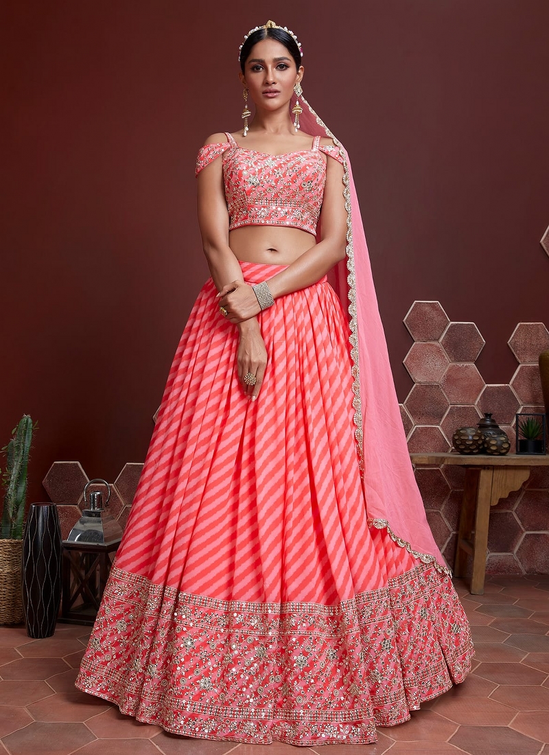 Peach Organza Silk Zari Sequins Wedding Lehenga Choli