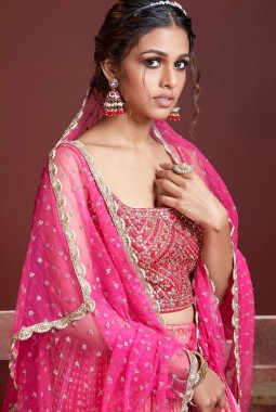 Pink Pure Chinnon Silk Embroidered Wedding Lehenga Choli