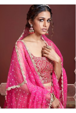 Pink Pure Chinnon Silk Embroidered Wedding Lehenga Choli