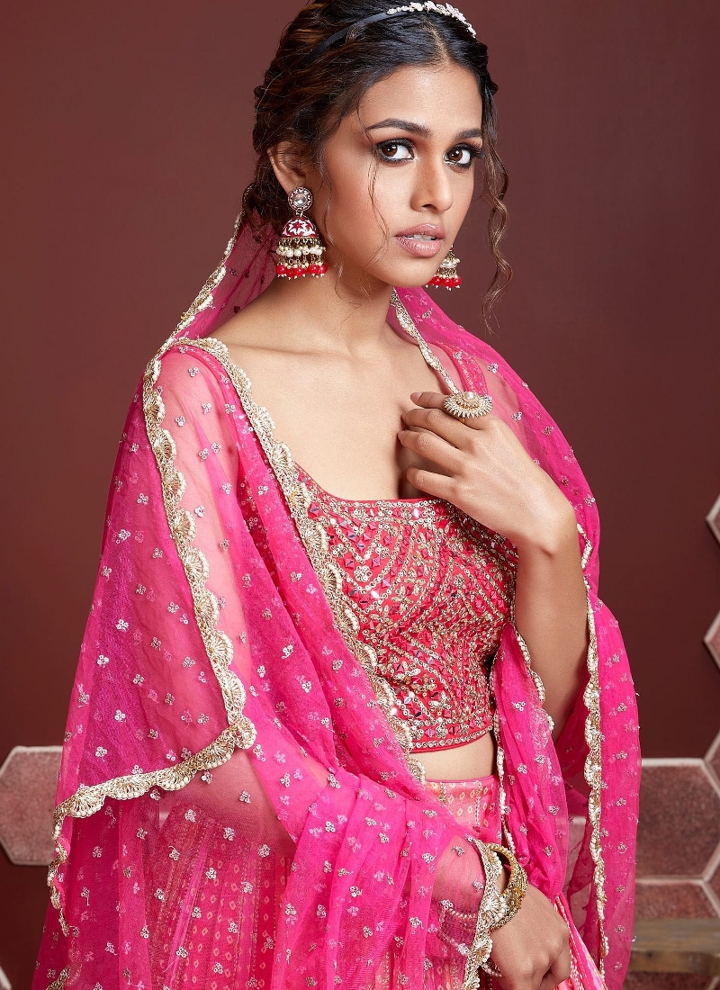 Pink Pure Chinnon Silk Embroidered Wedding Lehenga Choli