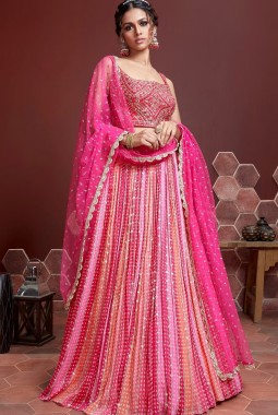 Pink Pure Chinnon Silk Embroidered Wedding Lehenga Choli