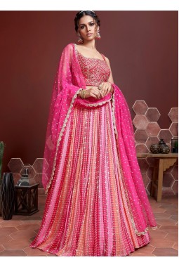 Pink Pure Chinnon Silk Embroidered Wedding Lehenga Choli