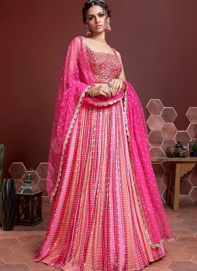 Pink Pure Chinnon Silk Embroidered Wedding Lehenga Choli