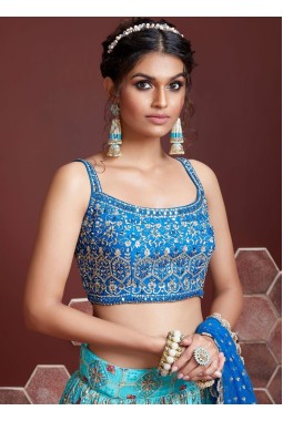 Sky Blue Chinnon Silk Real Mirror Work Wedding Lehenga Choli