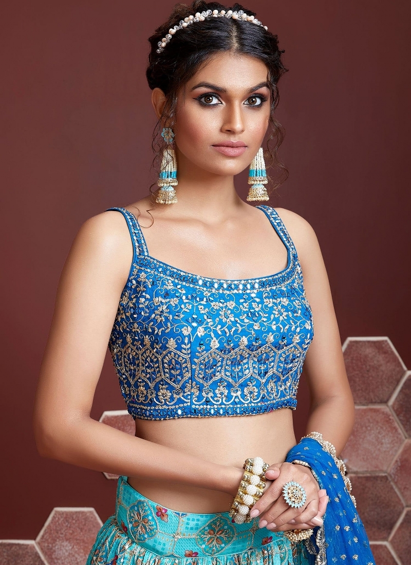 Sky Blue Chinnon Silk Real Mirror Work Wedding Lehenga Choli