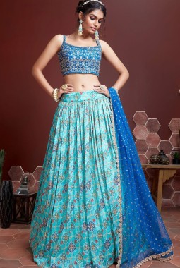 Sky Blue Chinnon Silk Real Mirror Work Wedding Lehenga Choli