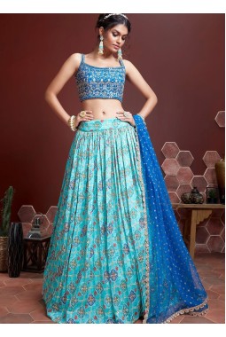 Sky Blue Chinnon Silk Real Mirror Work Wedding Lehenga Choli