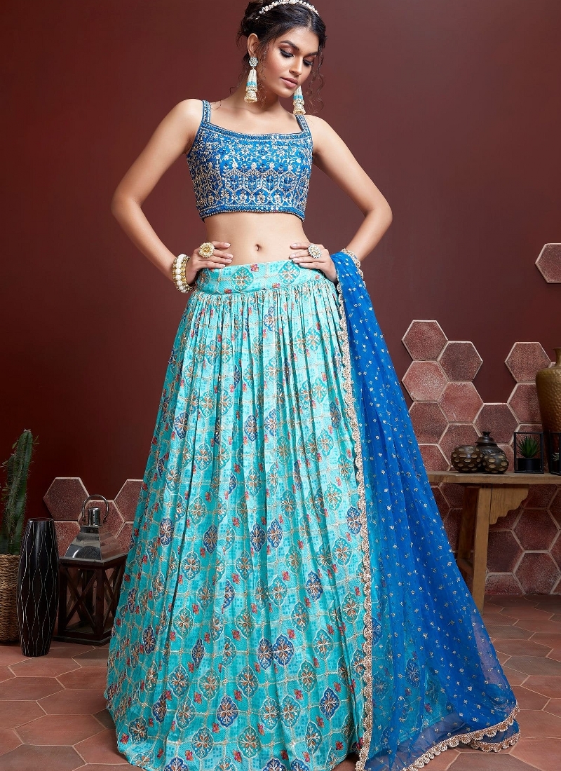 Sky Blue Chinnon Silk Real Mirror Work Wedding Lehenga Choli