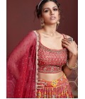 Red Pure Chinnon Silk Digital Print Wedding Lehenga Choli